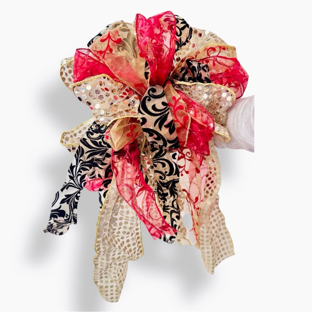 CUSTOM 19” Maximalist Red Black & Gold Wired Ribbon Christmas Tree Bow Topper